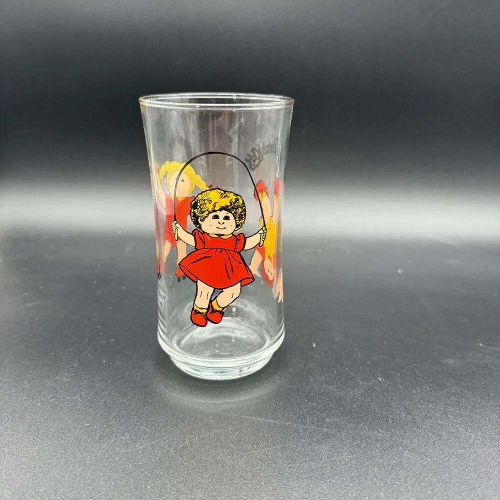 1984 Cabbage Patch Kids Glass Tumbler with Jump Rope & Acrobatic Design Vintage